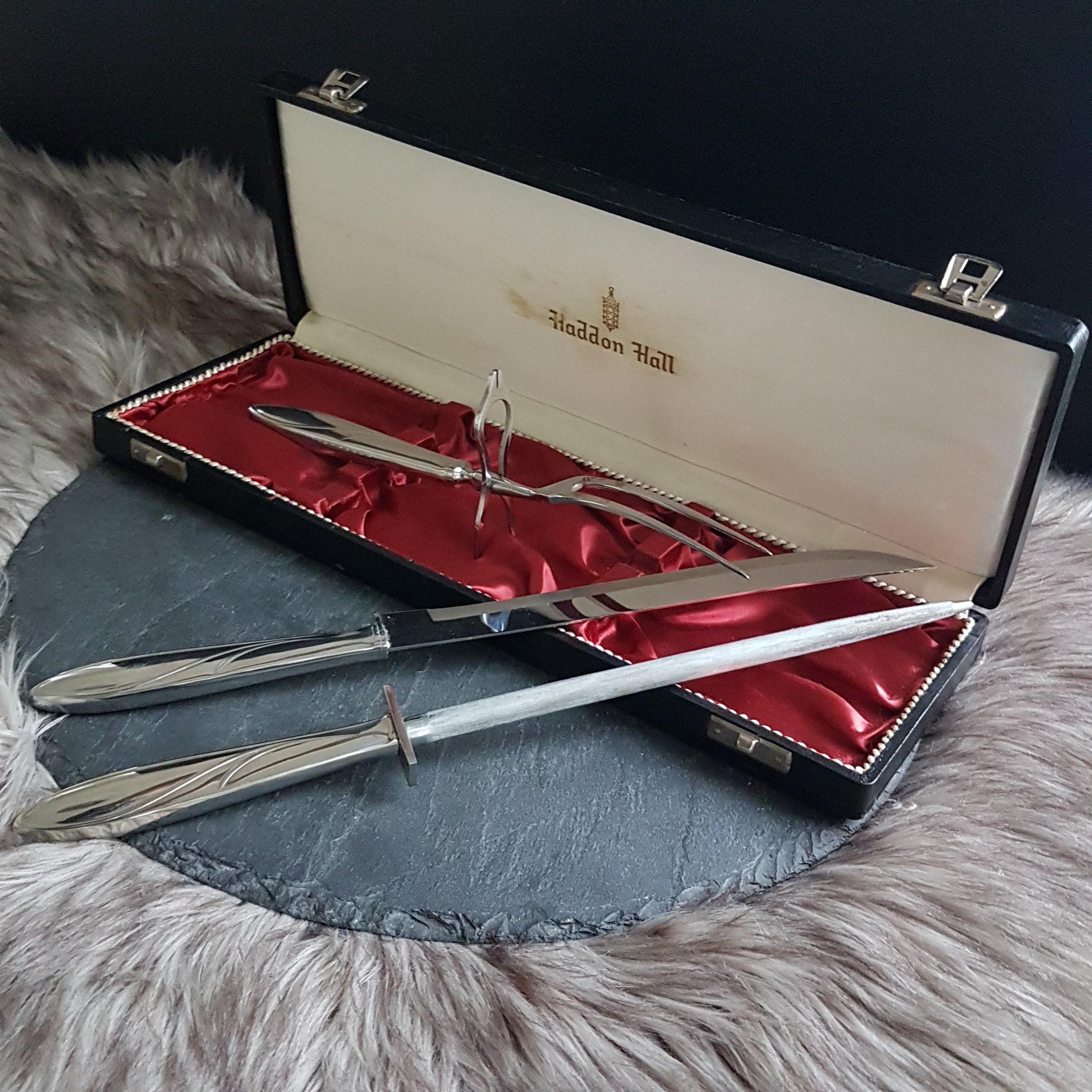 Vintage HADDON HALL Meat Carving Set, 3 pc Boxed Set, Carving Knife