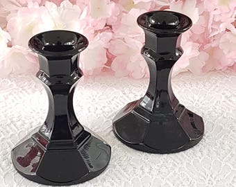 2pc Black Glass Taper Candle Holders for Gothic or Halloween Decor