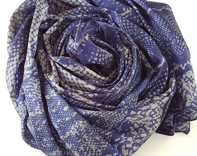 Vintage Blue Silk Scarf with Silver Gray Design, MOSI Silk Shoulder Wrap