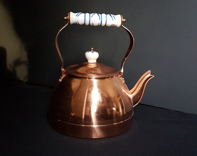 Vintage Copper Stovetop Tea Kettle Delft Blue Porcelain Handle & Lid
