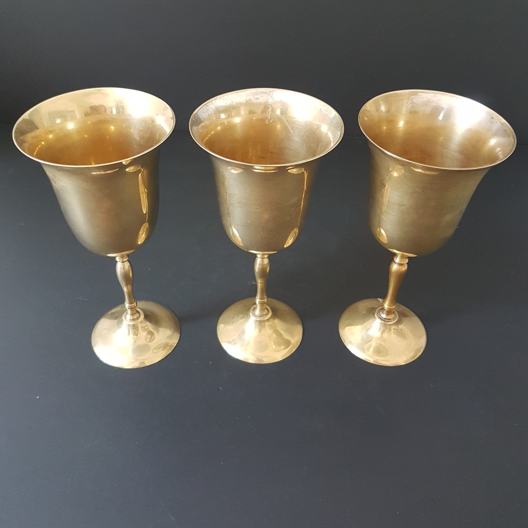 Vintage Brass Wine Goblets, Set of 3, Boho Brass Goblets, 8oz