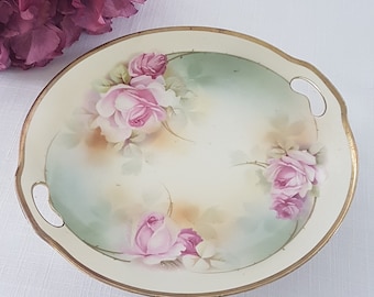 Antique Erdmann Schlegelmilch Prussian Porcelain Cake Plate with Hand-Painted Pink Roses and Gold Gilt