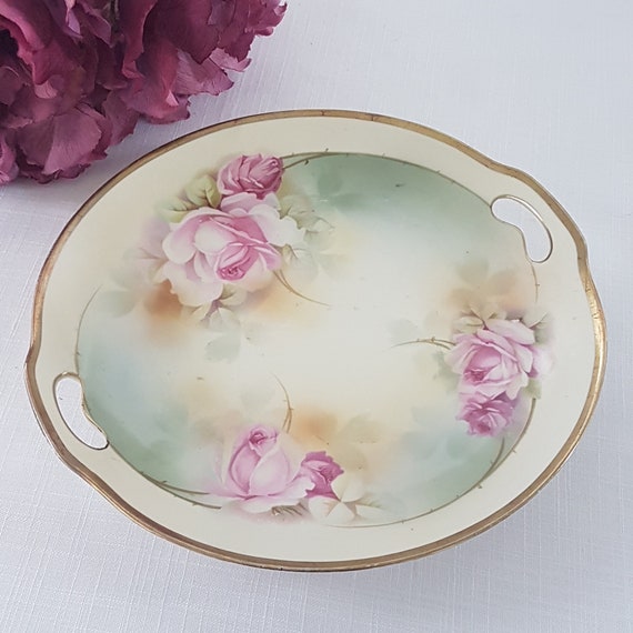 Antique Erdmann Schlegelmilch Prussian Porcelain Cake Plate with Hand-Painted Pink Roses and Gold Gilt
