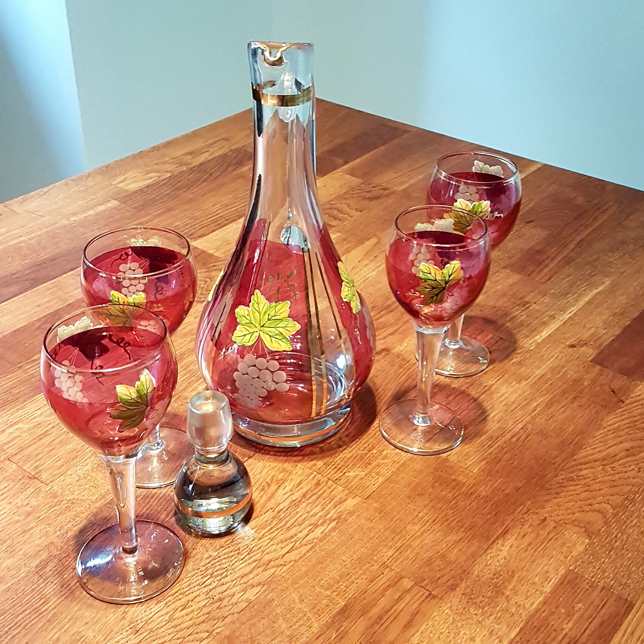 Vintage Decanter Set with 4 Glasses, Grape and Leaf Pattern