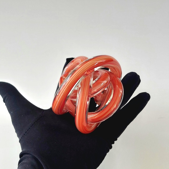 Red Swirl Hand-Blown Art Glass Infinity Knot Sculpture - Modern Tabletop Centerpiece Decor