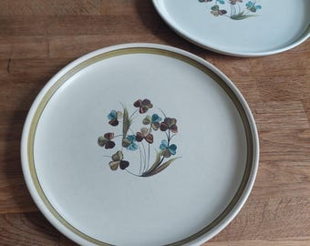 Set of Denby Shamrock Dinner Plates, Vintage Langley Stoneware England, MCM Green Brown Clover