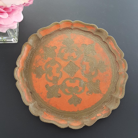 Vintage Italian Florentine Tray: Orange & Gold 11inch Round Serving Platter, Decorative Vanity From Italy