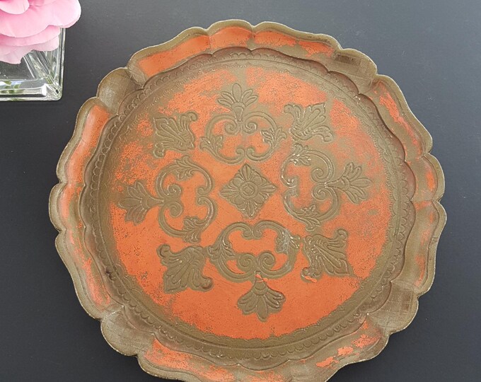 Vintage Italian Florentine Tray: Orange & Gold 11inch Round Serving Platter, Decorative Vanity From Italy