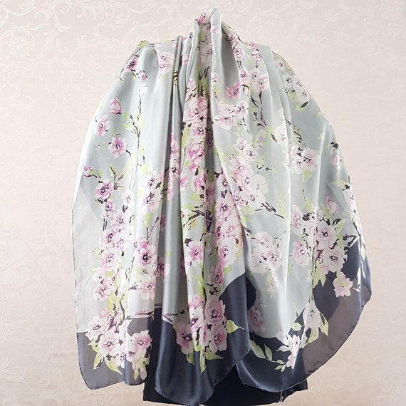 100% Silk Scarf, 70x35 inch Spring Cherry Blossom… - image 1