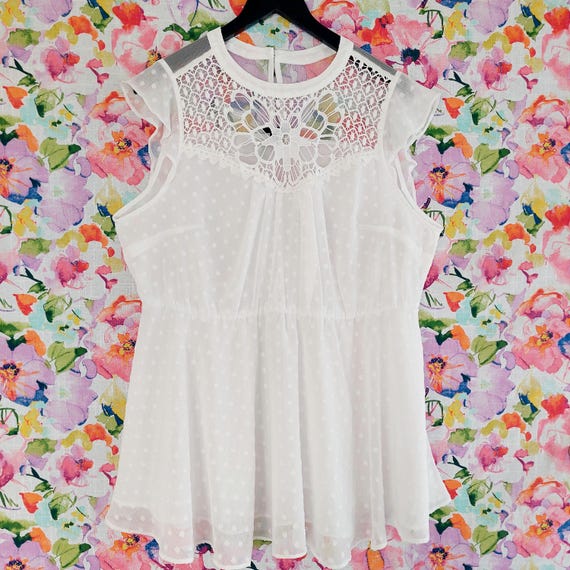 Elegant Women's Peplum Chiffon Blouse with Crochet Trim & Clip Dot Pattern - Plus Size 1X