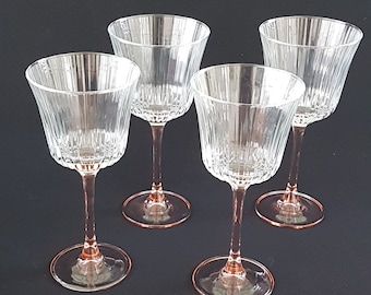 Vintage French Luminarc Crystal d'Arques GRAND MERIDAN Pink Stem Wine Glasses with Clear Ribbed Bowl