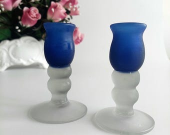 Vintage Hand Blown Cobalt Blue Satin Glass Candlestick Holders Set of 2 Collectible Artisan
