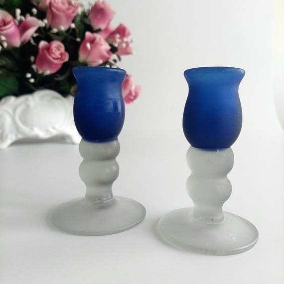 Vintage Hand Blown Cobalt Blue Satin Glass Candlestick Holders Set of 2 Collectible Artisan