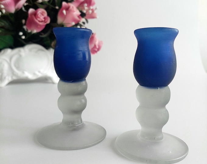 Hand Blown Cobalt Blue Satin Glass Candlestick Holders Set of 2