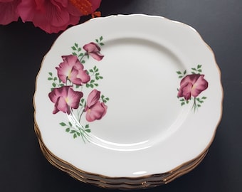 Sweet Pea Plates, Dessert or Side Plates, Set of 6, Crown Royal Bone China, Made in England