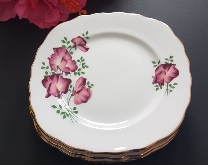 Sweet Pea Plates, Dessert or Side Plates, Set of 6, Crown Royal Bone China, Made in England