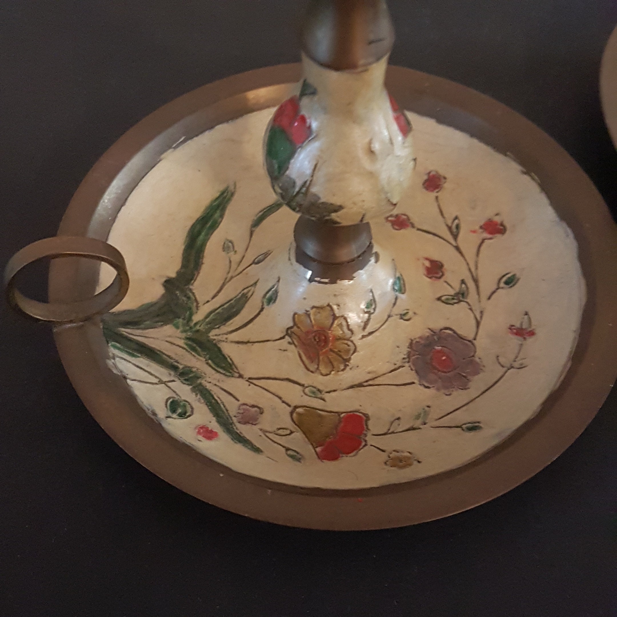 Vintage Pair of 6 Brass & Enamel Taper Candlestick Holders with Finger