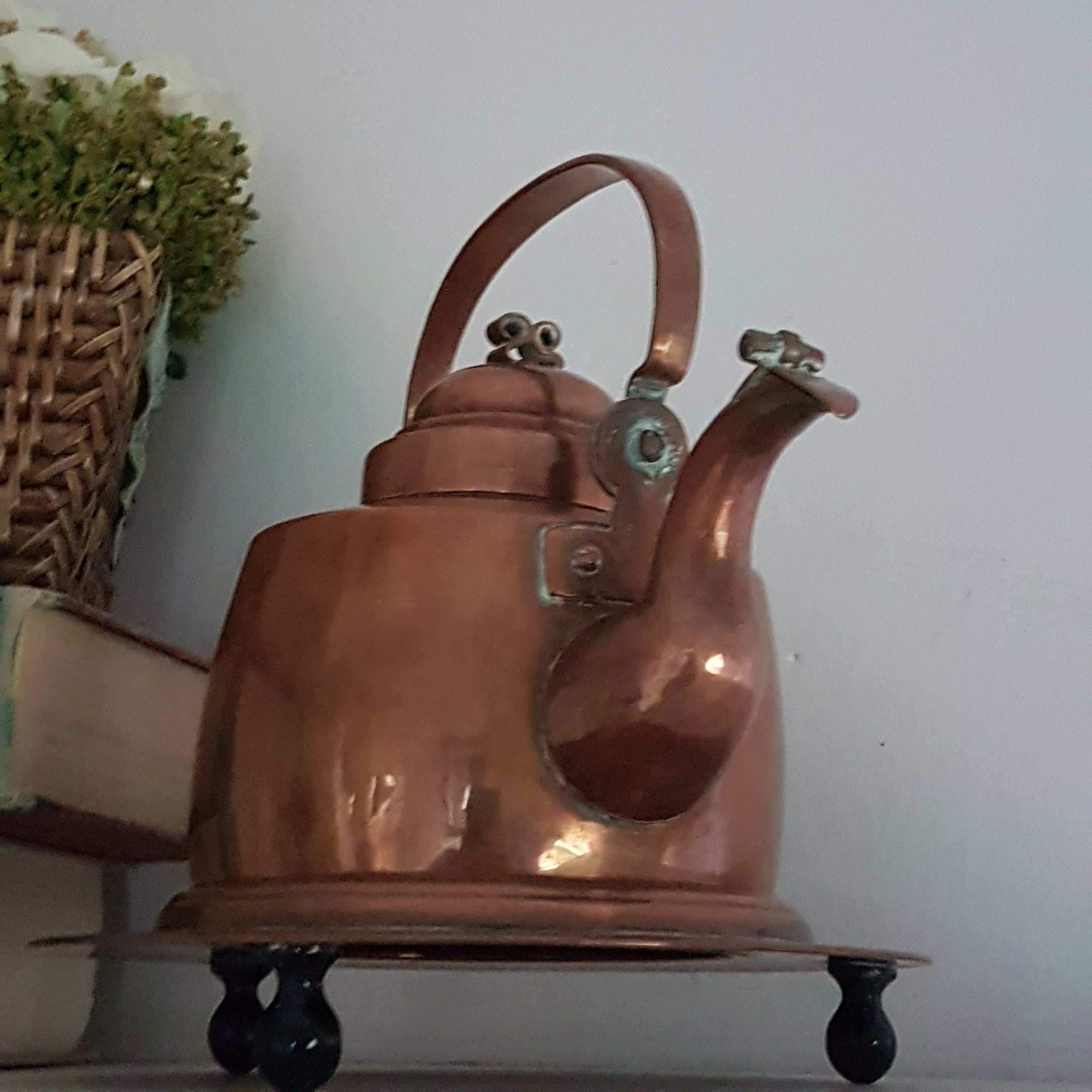 Vintage Copper Stovetop Tea Kettle with Copper Stand, Hinged Spout Lid, 3.5 Cup Capacity