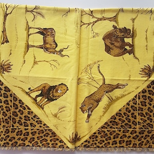 Square Tablecloth, 44x40, Giraffe Elephant Lion Antelope Rhino Cheetah, Vintage Handmade Tablecloth, African Safari Decor