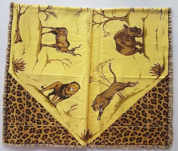 Vintage African Safari Tablecloth: Handmade Animal Print Jungle Decor 44x40 Square Boho Table Topper