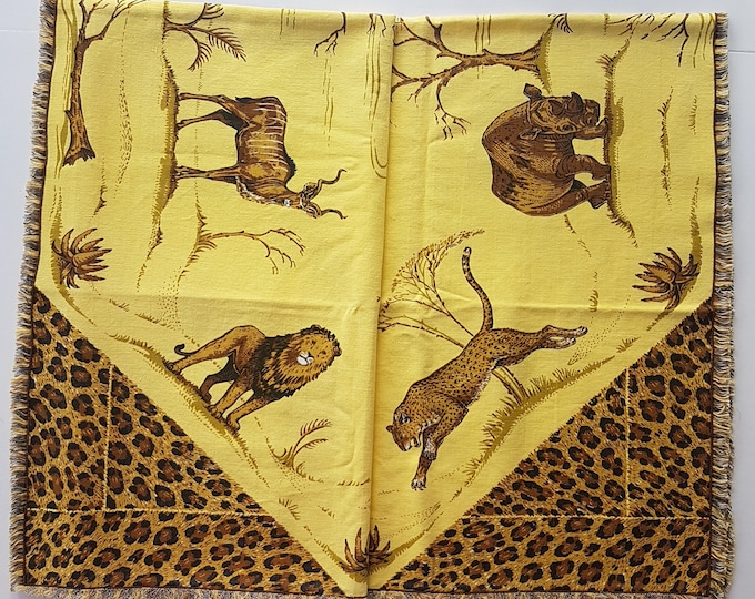 Square Tablecloth, 44x40, Giraffe Elephant Lion Antelope Rhino Cheetah, Vintage Handmade Tablecloth, African Safari Decor