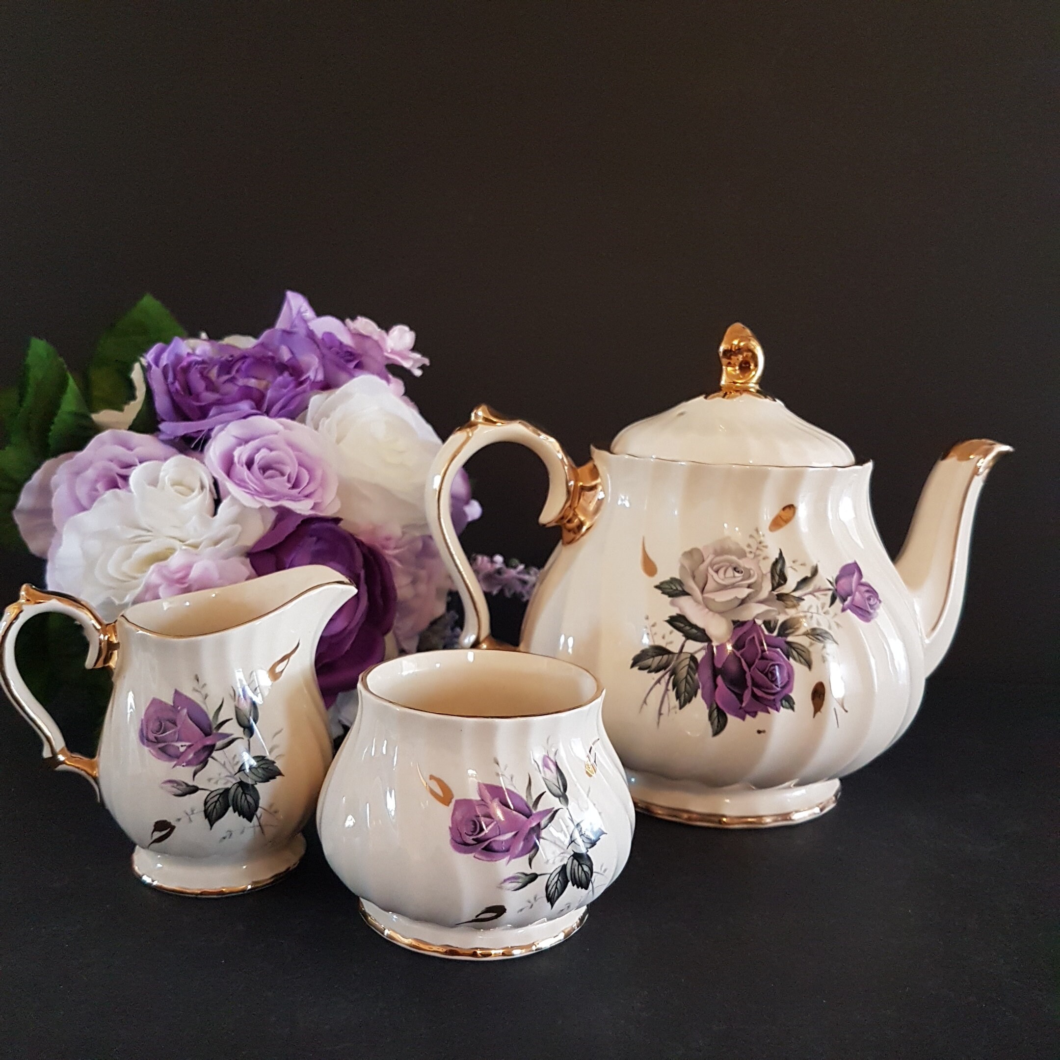 Vintage Sadler Tea Set, Full Size Teapot, Open Sugar Bowl and Creamer