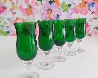 Set of 5 Emerald Green Hand Blown Liqueur Glasses, Clear Twisted Stem