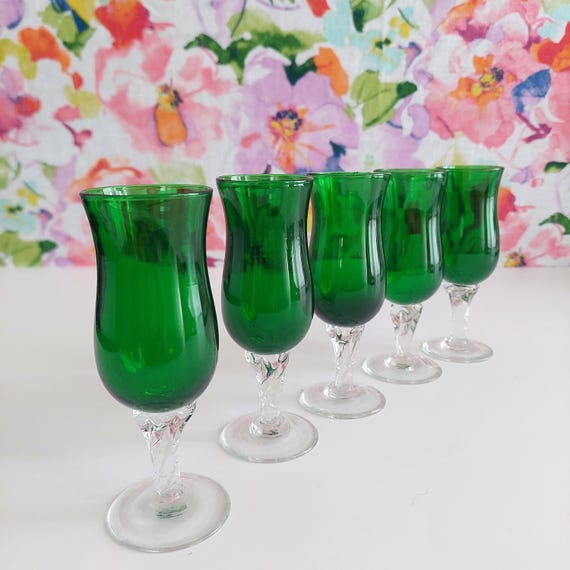 Set of 5 Emerald Green Hand Blown Liqueur Glasses, Clear Twisted Stem