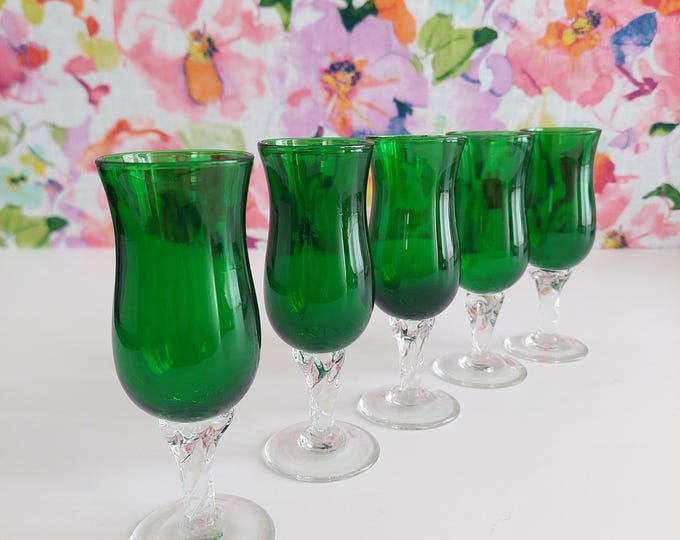 Blown Glass Liqueur Glasses Emerald Green with Clear Twisted Stem
