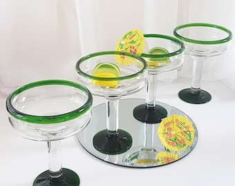4pc Green Rim Margarita Glasses Set - Artisanal Blown Cocktail Barware for Entertaining