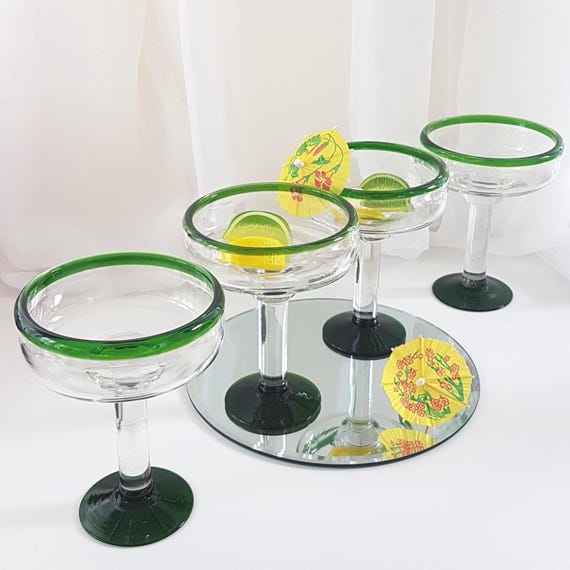 4pc Green Rim Margarita Glasses Set - Artisanal Blown Cocktail Barware for Entertaining