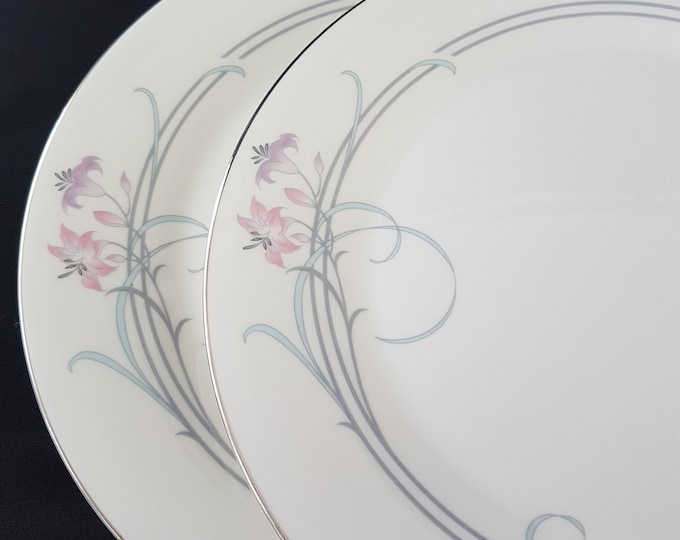 Vintage Royal Doulton ALLEGRO Dinner Plates, Sets of 2, Pink Purple Flowers, Gray Rings, Silver Platinum Edge