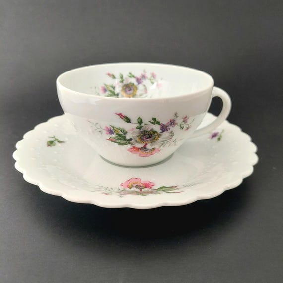 Vintage Georges Boyer Limoges France Eglantine White Fine Porcelain Floral Teacup Saucer Set