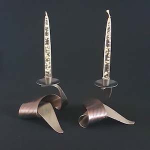 Mid Century FERART Candle Holder Set, Pair of Vintage Metal Modernist Sculpture Candlesticks