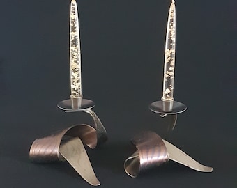 Mid Century FERART Candle Holder Set, Pair of Vintage Metal Modernist Sculpture Candlesticks
