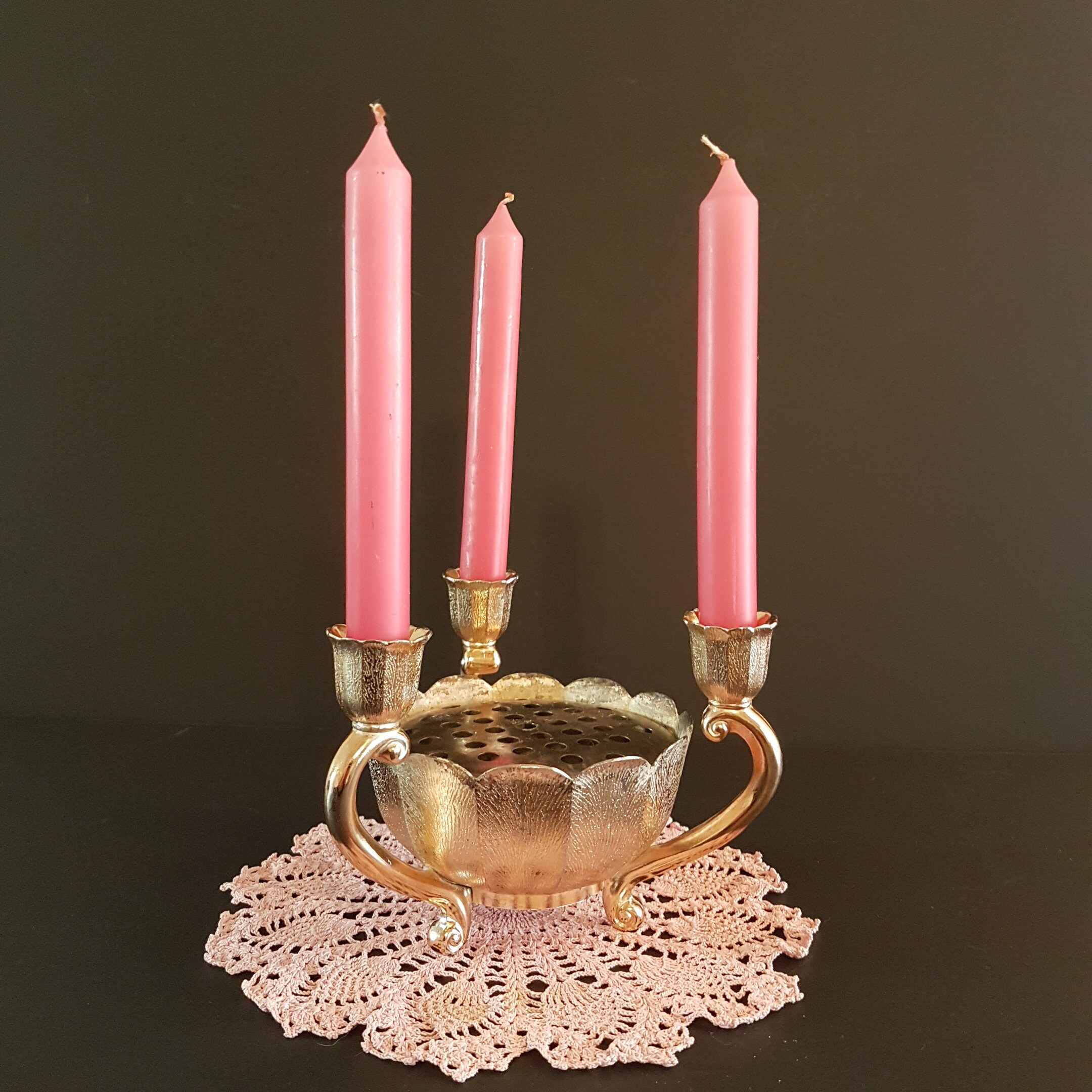 Vintage Lotus Flower 3 Taper Candlestick with Flower Frog, 3 Arm