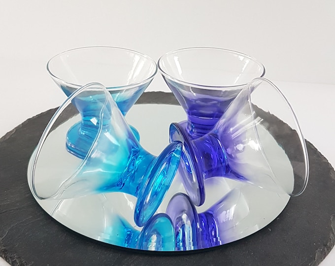 Blown Glass Martini Glasses, Blue Purple, Set of 4 Vintage Cocktail Glasses