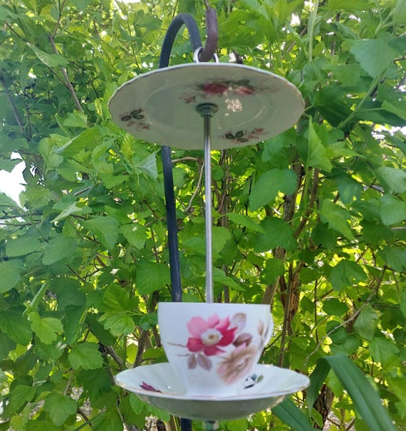 Upcycled Bone China Teacup Bird Feeder Rust-Proof Stainless Steel Hardware - Vintage Hanging Garden Birdfeeder