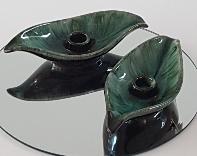 Blue Mountain Pottery Candlestick Holders, BMP Flow Green Glaze, Leaf Shaped, Made in Canada, 1970s