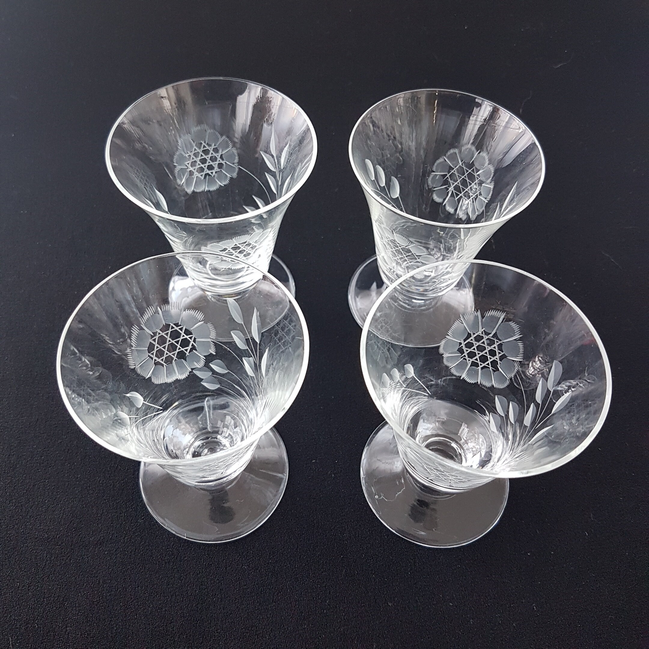 Hughes Cornflower Crystal Juice Glasses, Optic, Etched 12 Petal, Set of 4