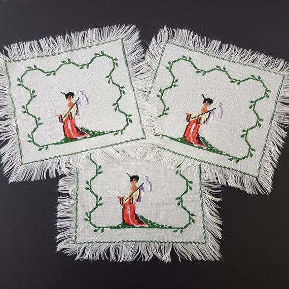 Vintage Hand Embroidery Geisha Cloth Napkins, Set of 3