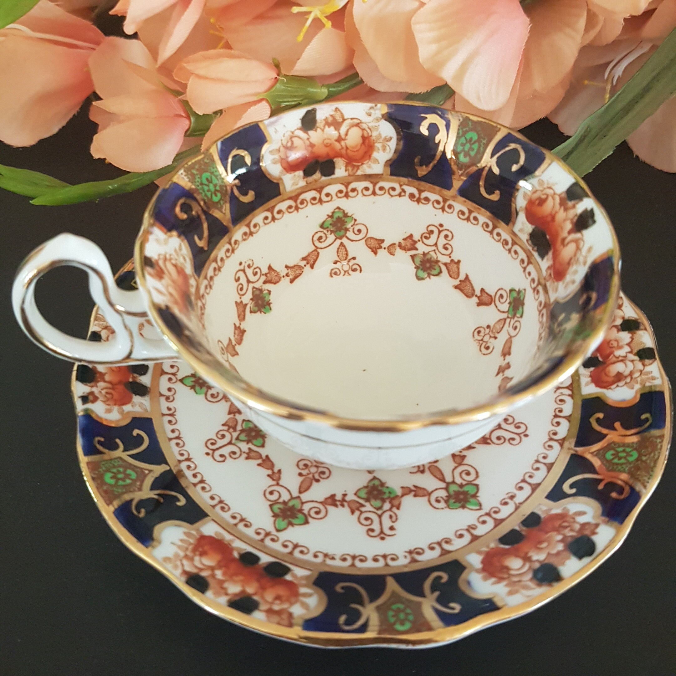 Vintage Royal Stafford Moana Blue Imari Bone China Tea Cup & Saucer Set