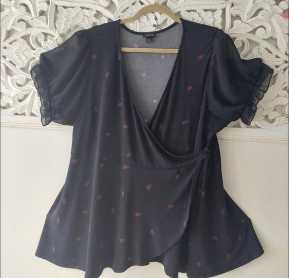 Torrid Studio Black Rose Wrap Top - Plus Size 3X Floral Blouse - Chiffon Puff Sleeve Surplice Blouse - Dark Romantic Whimsigoth