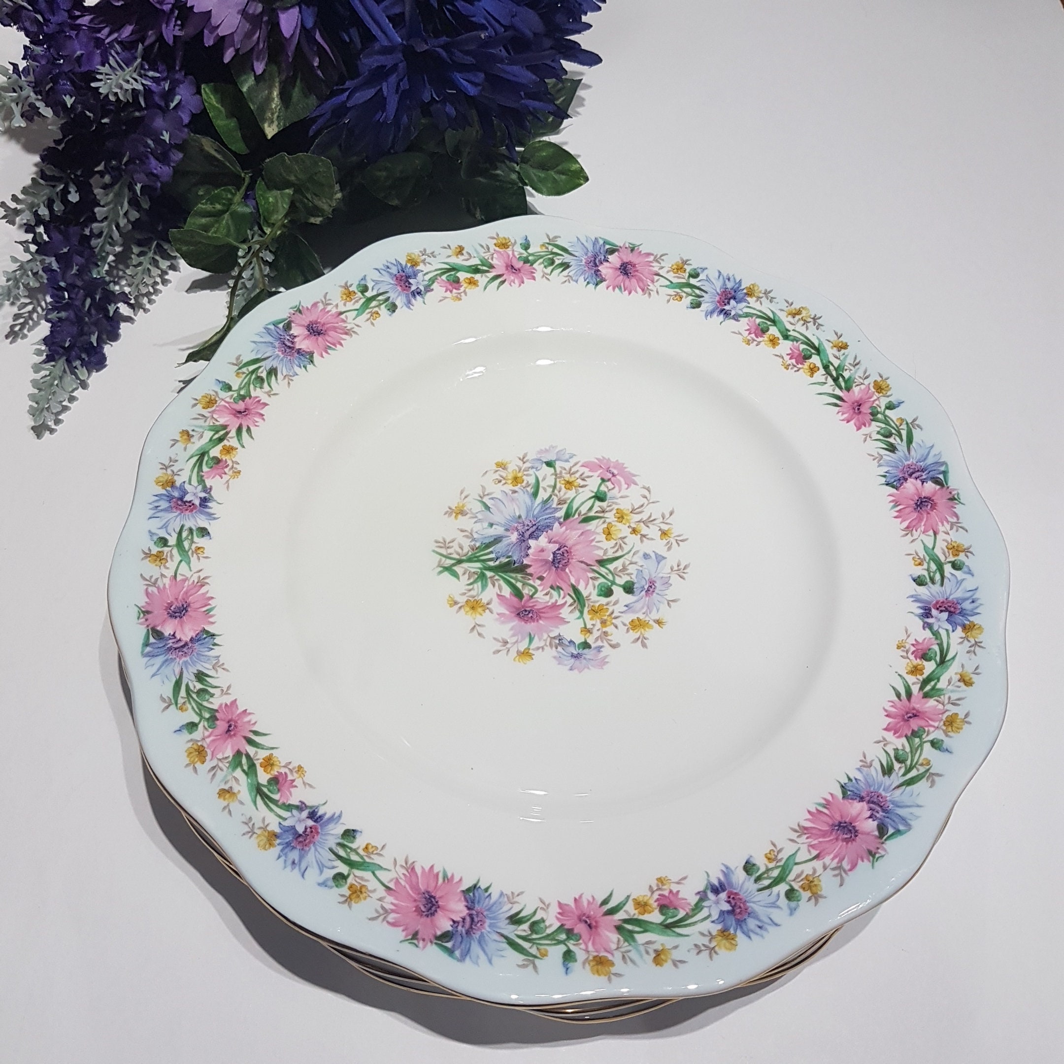 Set of 4 E. Brain Foley Blue CORNFLOWER Bone China 10 1/4 Dinner Plates