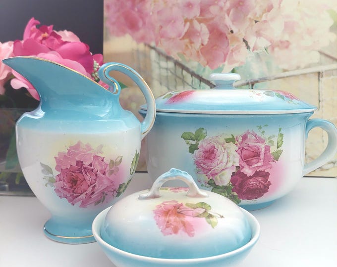 Antique Victorian Chamber Pot Wash Set Blue Floral Bathroom Decor England Farmhouse