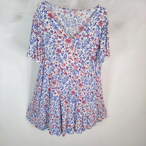 La Vie en Rose Blue & Pink Floral Tiered Smock Dress - 100% Viscose V-Neck Boho Midi Dress