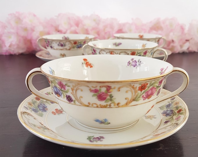 Vintage DRESDEN STYLE 8oz Porcelain Cream Soup Cup and Saucer, Made in Germany