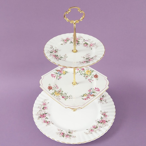 Mismatched Royal Albert 3-Tier Cake Stand, Vintage Aynsley Bone China Afternoon Tea Display