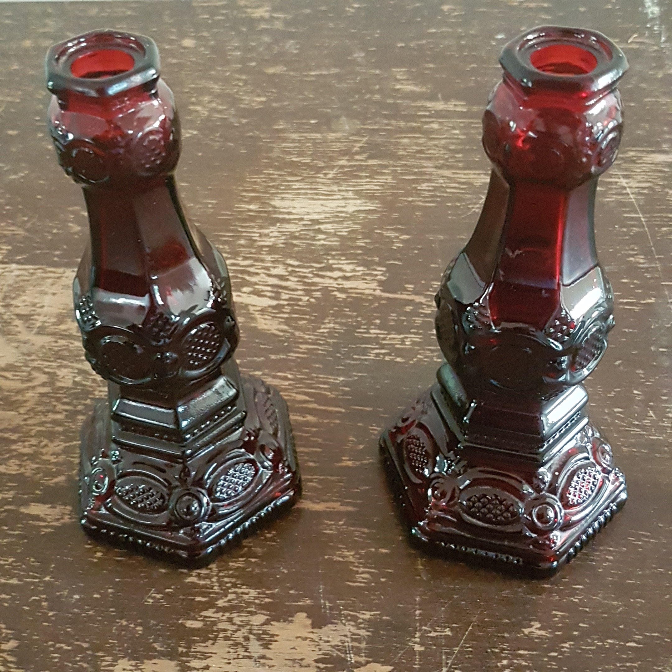 Pair of Tall Avon 1876 Cape Cod Candlestick Holders, Vintage Ruby Red
