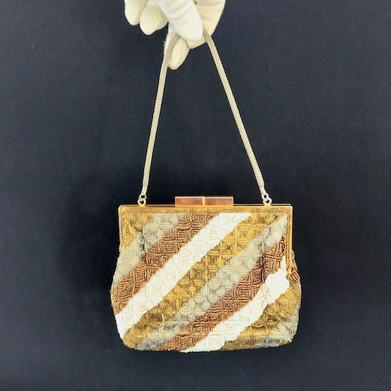 Vintage 1960s Hong Kong Beaded Evening Bag, Metallic Chevron Striped Formal Clutch Purse